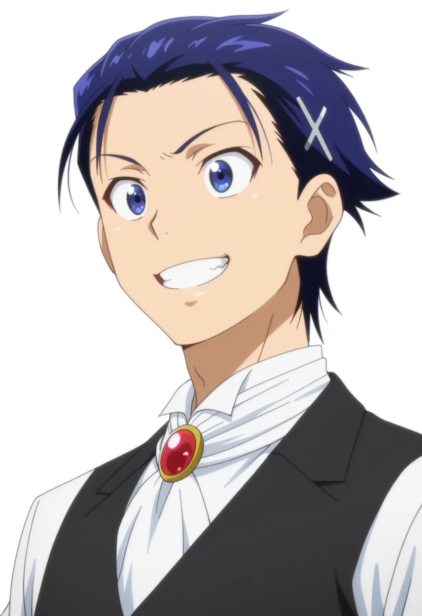 masterpiece, best quality, depth of field, anime screencap , , , 1boy, solo, male focus, <lora:Raku_Ichijou:0.72>, raku ichijou, blue hair, blue eyes, short hair, hairclip, slicked back hair, white shirt, formal, open mouth, grin, teeth, vest, cosplay costume, ascot, upper body