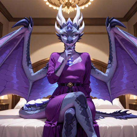 1girl, highres, absurdres, newest, masterpiece, best quality, furry, furry_female, raszageth_wc, dragon, scales, wings, horns, tail, wyvern, purple sclera, glowing eyes, hands, 1girl, anthro, (purple dress, modest dress, sitting, crossed legs, hand on chin), smile, seductive smile,, luxurious detailed room, bright room, day scene, professional lighting, white bed, solo, bedroom, smiling, seductive, looking_at_viewer, masterpiece, close up, safe