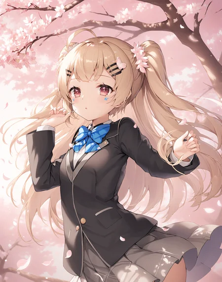 1girl,solo,eldridge \(azur lane\),facial mark,
<lora:liqi_xl_v1.2-000010:1>,black jacket,black hairclip,two side up,blue bowtie,pleated skirt,
school,cherry blossoms,