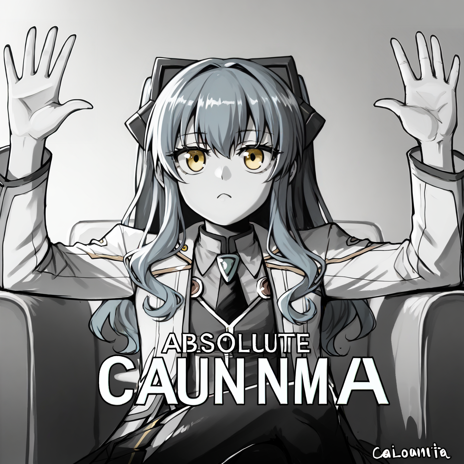 score_9, score_7_up, BREAK, <lora:tio2:1>, tioplato, long hair, blue hair, yellow eyes, tiocs, white jacket, pleated skirt, thighhighs, fake animal ears, <lora:absolutecinemav1:1>, absolutecinema, english text, hands up, upper body, monochrome, crossed legs,