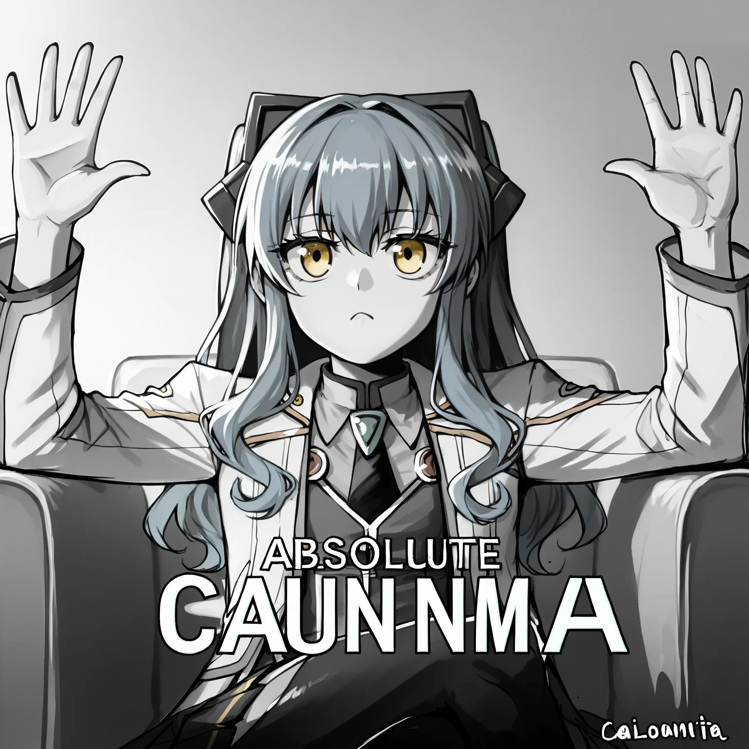 score_9, score_7_up, BREAK, <lora:tio2:1>, tioplato, long hair, blue hair, yellow eyes, tiocs, white jacket, pleated skirt, thighhighs, fake animal ears, <lora:absolutecinemav1:1>, absolutecinema, english text, hands up, upper body, monochrome, crossed legs,
