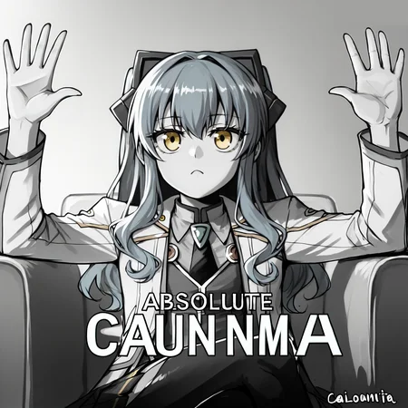 score_9, score_7_up, BREAK, <lora:tio2:1>, tioplato, long hair, blue hair, yellow eyes, tiocs, white jacket, pleated skirt, thighhighs, fake animal ears, <lora:absolutecinemav1:1>, absolutecinema, english text, hands up, upper body, monochrome, crossed legs,