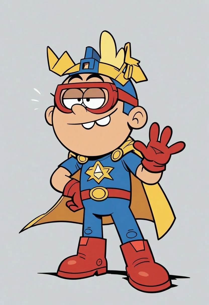 (score_9 | score_8_up | score_7_up) ((masterpiece:1))(best quality,very high quality,ultra detailed:1.2) (2D,cartoon style,anime style)(Smooth:2)(clean blurring) (four fingers on each hand,one thumb on each hand:1), Leon Loud, solo, 1boy, light Blonde hair, two strands of light Blonde hair, teeth, full body, red blue and yellow super hero costume, blue super hero costume, super hero, red goggles, two side winged headpiece, yellow cape, thick red boots, red glove, 'A' Logo in the middle