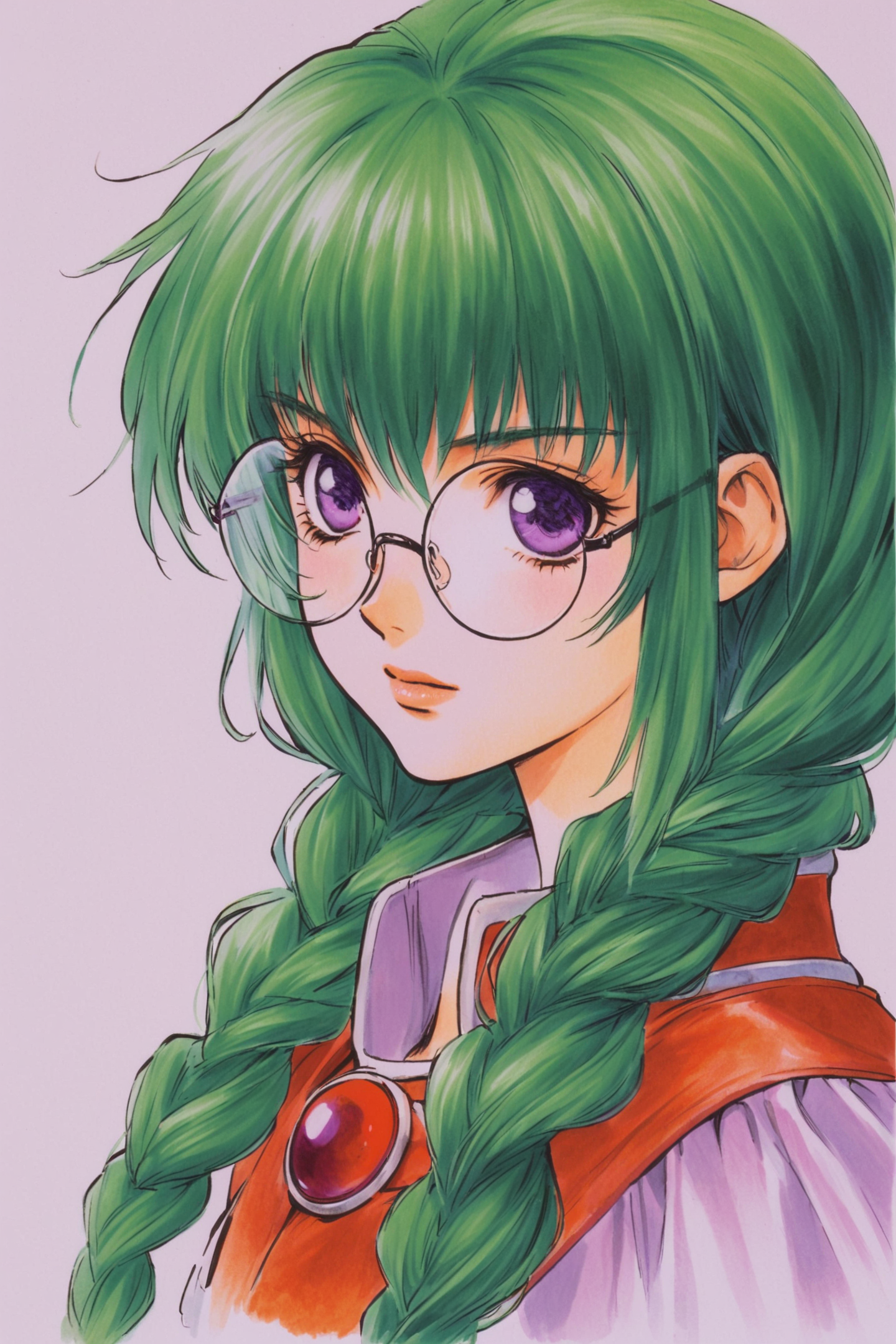 Philia Philis(Tales of Destiny),1girl,solo,green hair,glasses,braid,round eyewear,twin braids,bangs,long hair,white background,portrait,simple background,purple eyes,traditional media,watercolor (medium),
<lora:Inomata Mutsumi_XL:0.8>,
