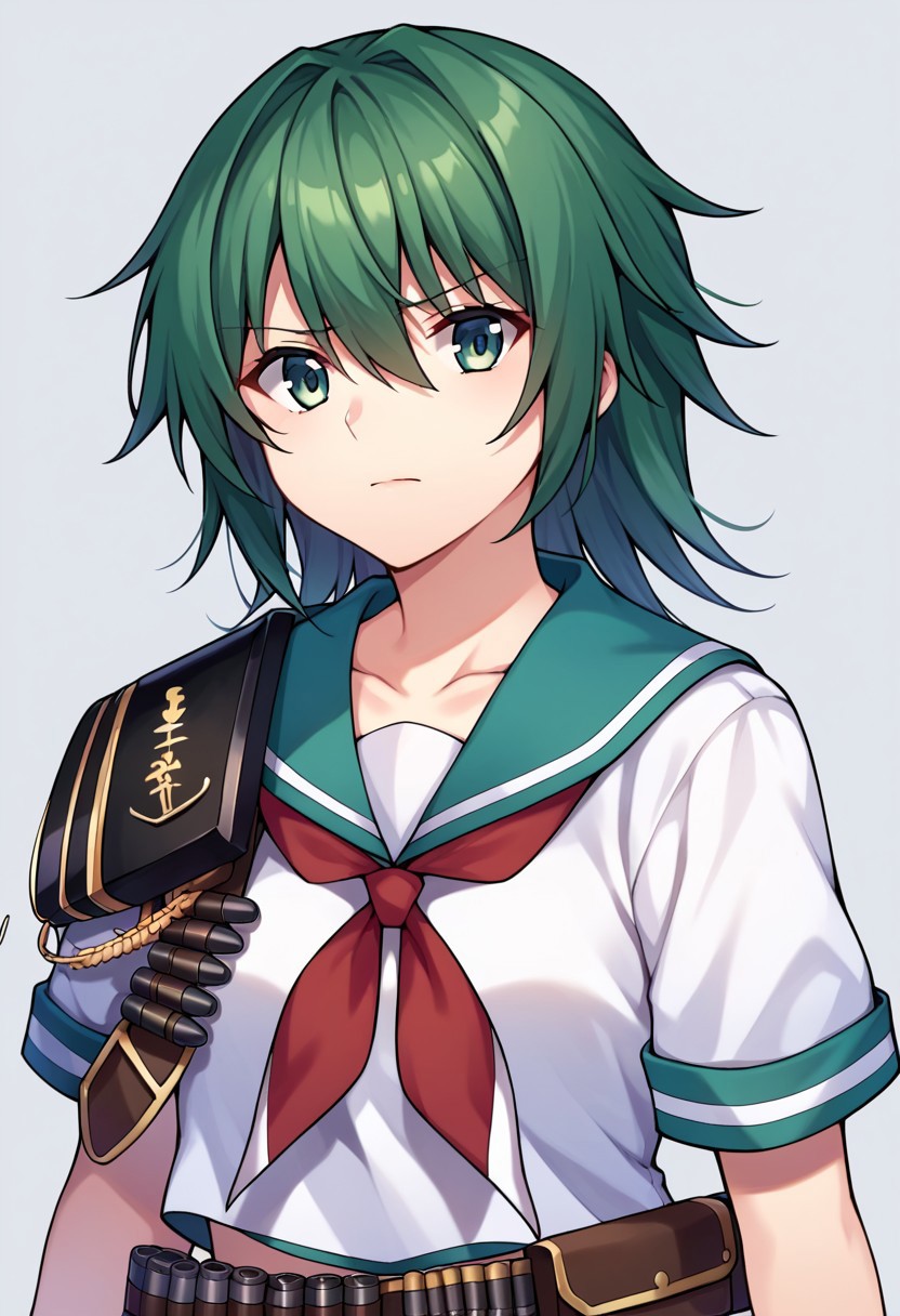 score_9, score_8, score_7, source_anime, kiso (kancolle), ammunition belt, red neckerchief, sailor collar, white skirt, upper body, closed mouth, boots, collarbone, shirt