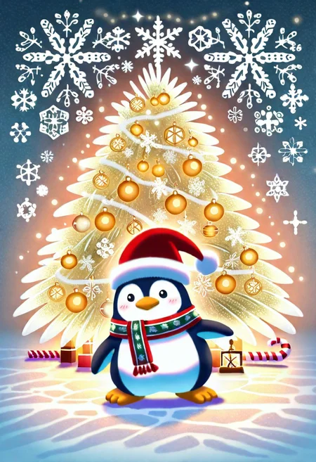 Animal Christmas, masterpiece, best quality, (Penguin in Santa hat, scarf, ice skating on ice ring), Christmas tree, snowflakes, holiday decorations, glowing lantern, candy cane, warm lights, ice backdrop, polar night, cheerful mood, no humans