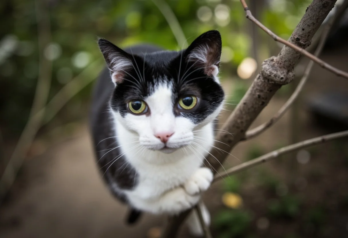 Photograph of Berkeley Cat, a black and white cat with green eyes, climbing a tree. The cat is positioned in the center of the image, with its front paws gripping a branch. The background is blurred, showing a mix of green and brown tones, suggesting a natural outdoor setting. The lighting is natural, likely taken during the day with a shallow depth of field, focusing on the cat. The camera used was likely a DSLR, with an aperture of f/2.8, shutter speed of 1/500s, and ISO 400. The composition follows the rule of thirds, with the cat's face and paws on intersecting lines.