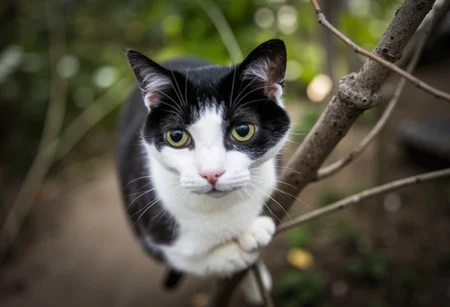 Photograph of Berkeley Cat, a black and white cat with green eyes, climbing a tree. The cat is positioned in the center of the image, with its front paws gripping a branch. The background is blurred, showing a mix of green and brown tones, suggesting a natural outdoor setting. The lighting is natural, likely taken during the day with a shallow depth of field, focusing on the cat. The camera used was likely a DSLR, with an aperture of f/2.8, shutter speed of 1/500s, and ISO 400. The composition follows the rule of thirds, with the cat's face and paws on intersecting lines.