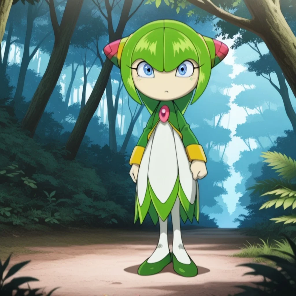 masterpiece, best quality, amazing quality, CosmoSxil, anthro, alien, female, pale peach skin, blue eyes, green hair, golden hair ties ,  green shirt, long sleeves, white skirt, pink amulet, white tights, green flats,  standing, in forest,, <lora:2a4155ad-4b14-4ca5-9547-875f4ff4f7c7:1.0>