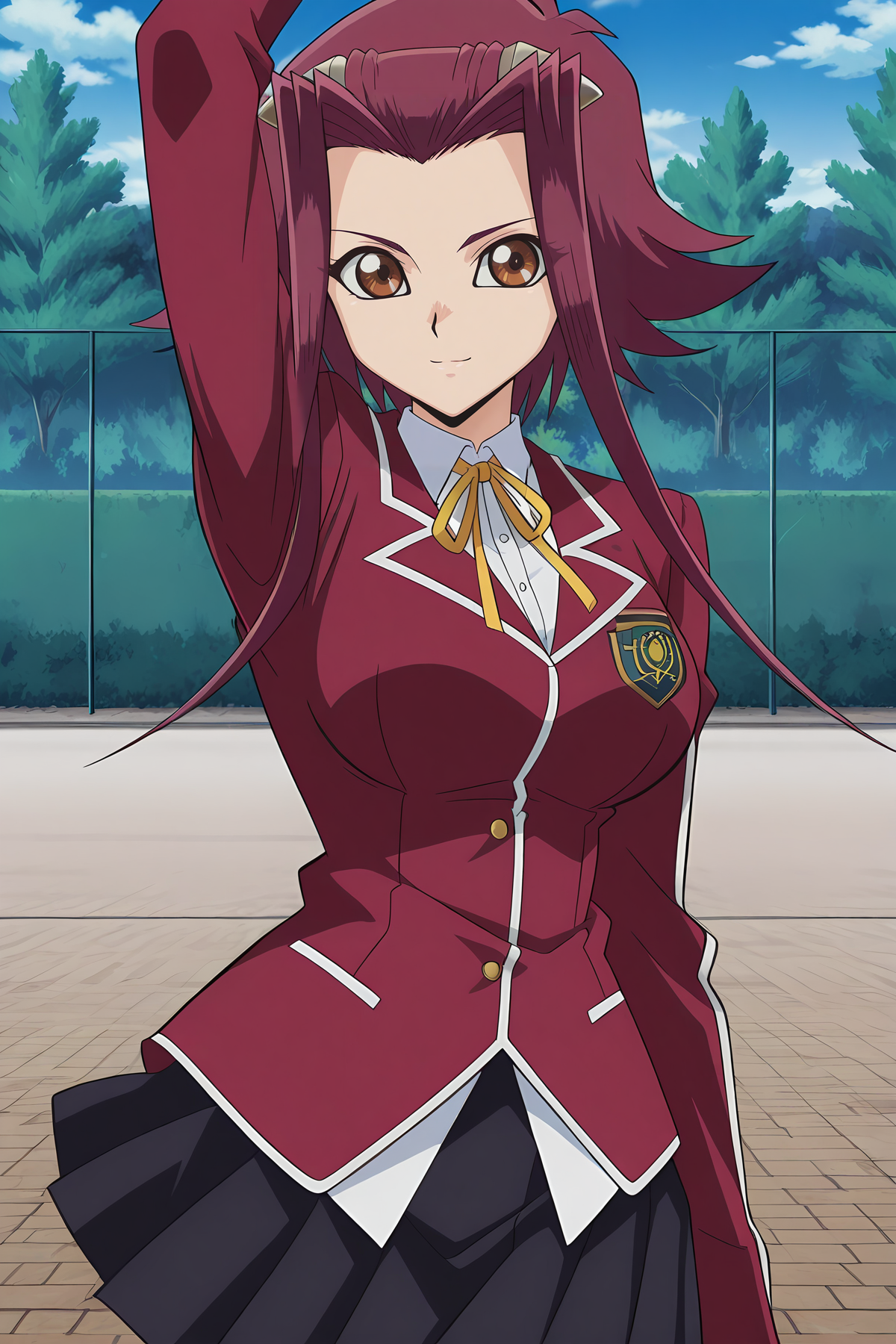 absurdres, highres, masterpiece, best quality, amazing quality, official anime artwork, screencap, anime screencap, outdoors, looking at viewer, light smile, dynamic pose, 
 <lora:Yu-Gi-Oh_5Ds:1> Aki Izayoi, 1girl, solo, red hair, brown eyes, short hair with long locks, hair ornament, large breasts,, school uniform, jacket, long sleeves, skirt, white shirt, ribbon, blazer, black skirt, neck ribbon,