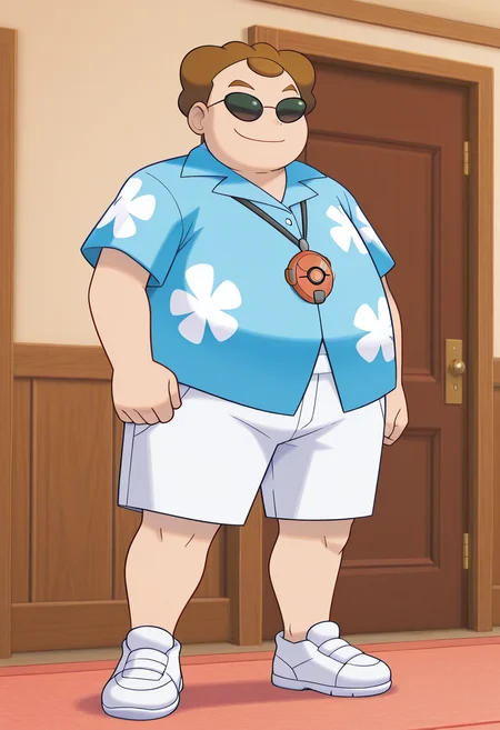 masterpiece, amazing quality, colorful, <lora:p-treto-v1-10:1> p-scott, sunglasses, 1boy, plump, pokedex_necklace, necklace, blue shirt, floral_print, hawaiian_shirt, white shorts, white shoes, indoors,