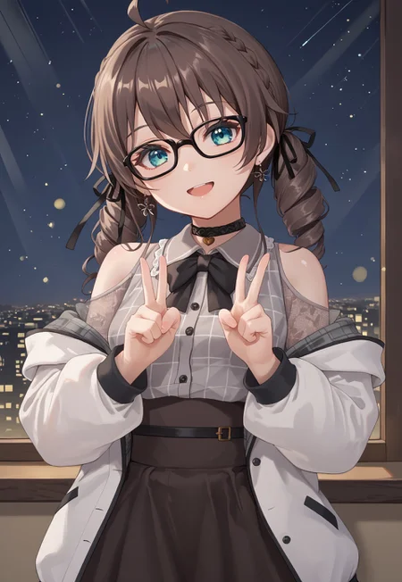 1girl, solo, solo focus, highres, absurdres, MatsuriMineGirl, brown hair, bangs, grey shirt, ahoge, twintails, black ribbon, black choker, hair between eyes, hair ribbon, brown skirt, shoulder cutout, collared shirt, flower earrings, black bowtie, blue eyes, white jacket, see-through sleeves, lace sleeves, plaid shirt, high-waist skirt, puffy short sleeves, medium hair, open jacket, small breasts, long sleeves, drill hair, black-framed eyewear, braid,

looking at viewer, smile, open mouth, head tilt, double v,

indoor, cityscape, neon lights, window, dark, night, night sky, 

light particles, backlighting, shade, light rays, lens flare, shiny skin, fine fabric emphasis,