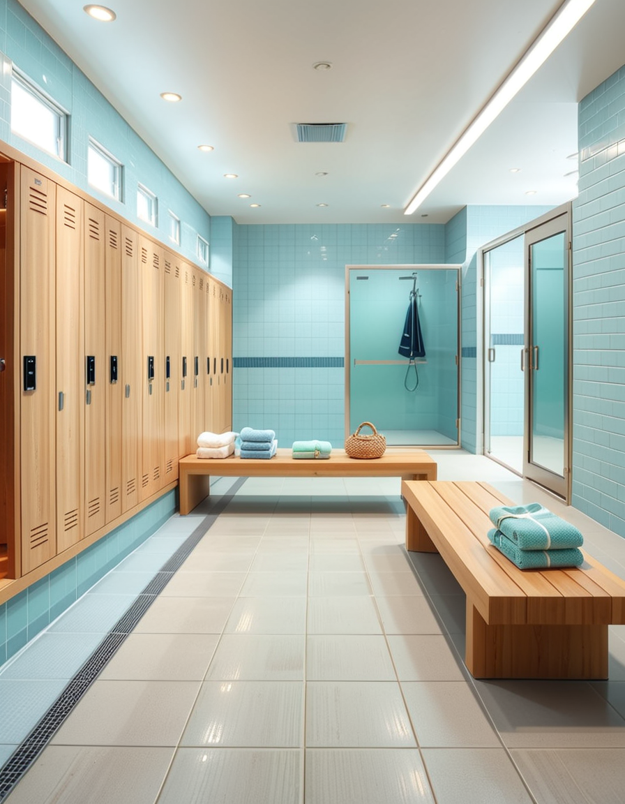 A realistic photograph of a modern swimming pool changing room, featuring clean, sleek design with white tiled walls and light blue accents. Rows of wooden benches with metal frames are neatly aligned in the center of the room. On the sides, there are individual lockers with glossy pastel-colored doors (light blue, mint green, and pale yellow), each with small number labels. Hooks are mounted on the walls, some holding neatly folded towels. The floor is made of non-slip gray tiles, slightly wet, reflecting the soft overhead LED lighting. The atmosphere is fresh and inviting, with a subtle fog from the pool area beyond a frosted glass door at the back. To the left side of the room, a large mirror spans the wall above a counter with built-in sinks, chrome faucets, and a few small bottles of hand soap. A subtle reflection of the interior is visible in the mirror. No people are present in the room. The lighting is bright but natural, as if itâs daytime with soft sunlight filtering through small high windows. The mood is calm, clean, and welcoming, captured with a high-resolution camera in photorealistic style. 
<lora:SDXLFaeTastic2400:0.4> <lora:extremely_detailed:0.4> extremely detailed,<lora:swimming_pool_ch4ng1ng_r00m:1>,swimming pool ch4ng1ng r00m, Masterpiece,best quality,hi res,8k,hi res,8k,award winning,(sharp focus, intricate, highly detailed),