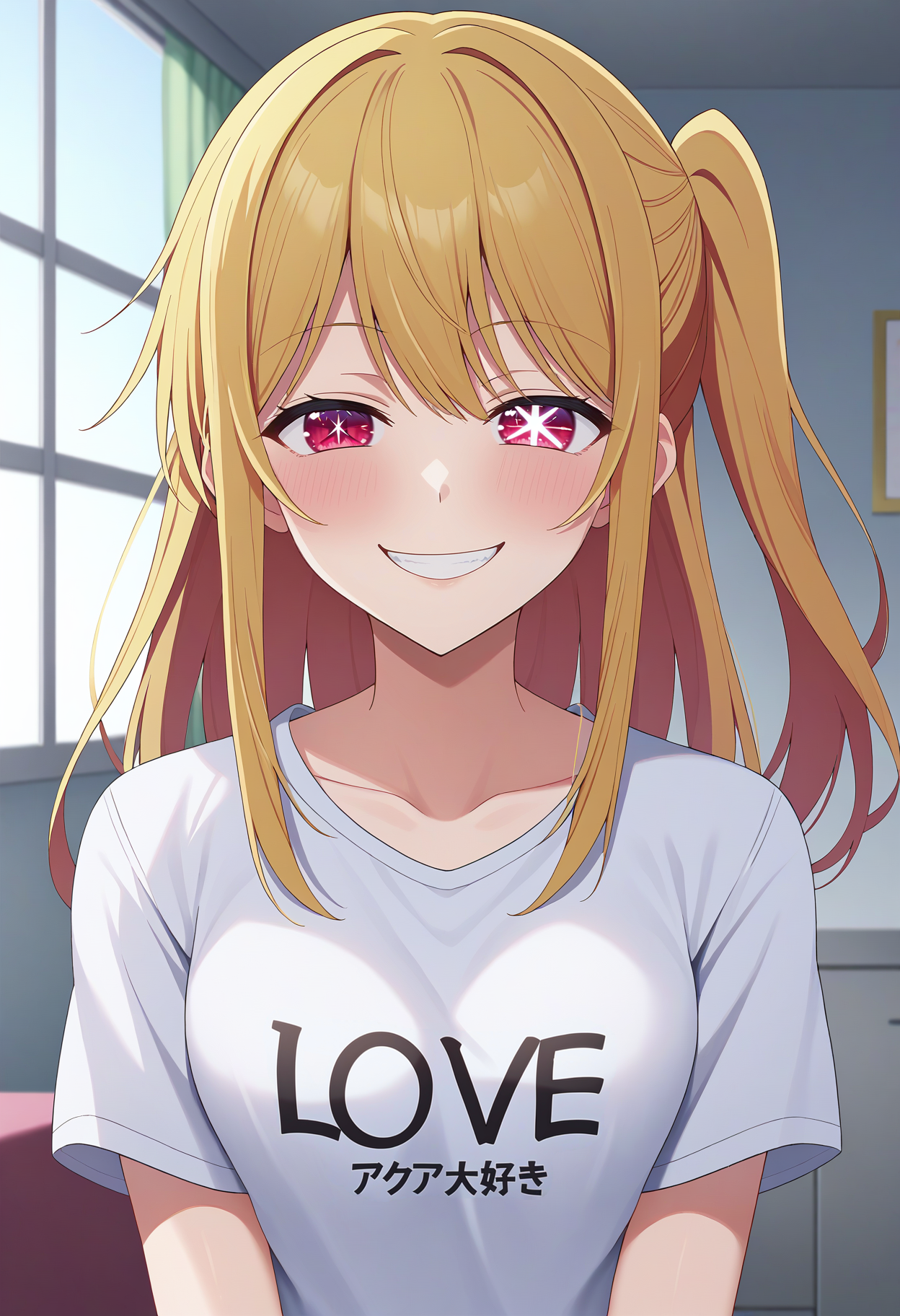 score_9, score_8_up, score_7_up, BREAK source_anime, 1girl, hoshino ruby, blonde hair, long hair, one side up, red eyes, mismatched pupils, star-shaped pupils, smile, half-closed eyes, blush, looking at viewer, using shirt with "LOVE" writing, japanese text, indoors <lora:brj-ruby-pony-v0.5:1>