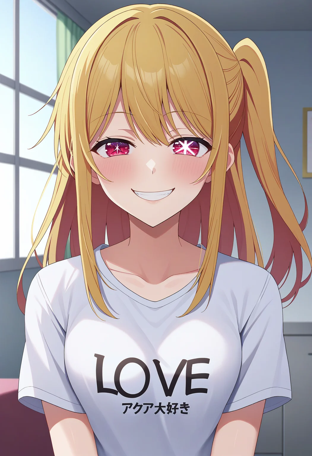 score_9, score_8_up, score_7_up, BREAK source_anime, 1girl, hoshino ruby, blonde hair, long hair, one side up, red eyes, mismatched pupils, star-shaped pupils, smile, half-closed eyes, blush, looking at viewer, using shirt with "LOVE" writing, japanese text, indoors <lora:brj-ruby-pony-v0.5:1>
