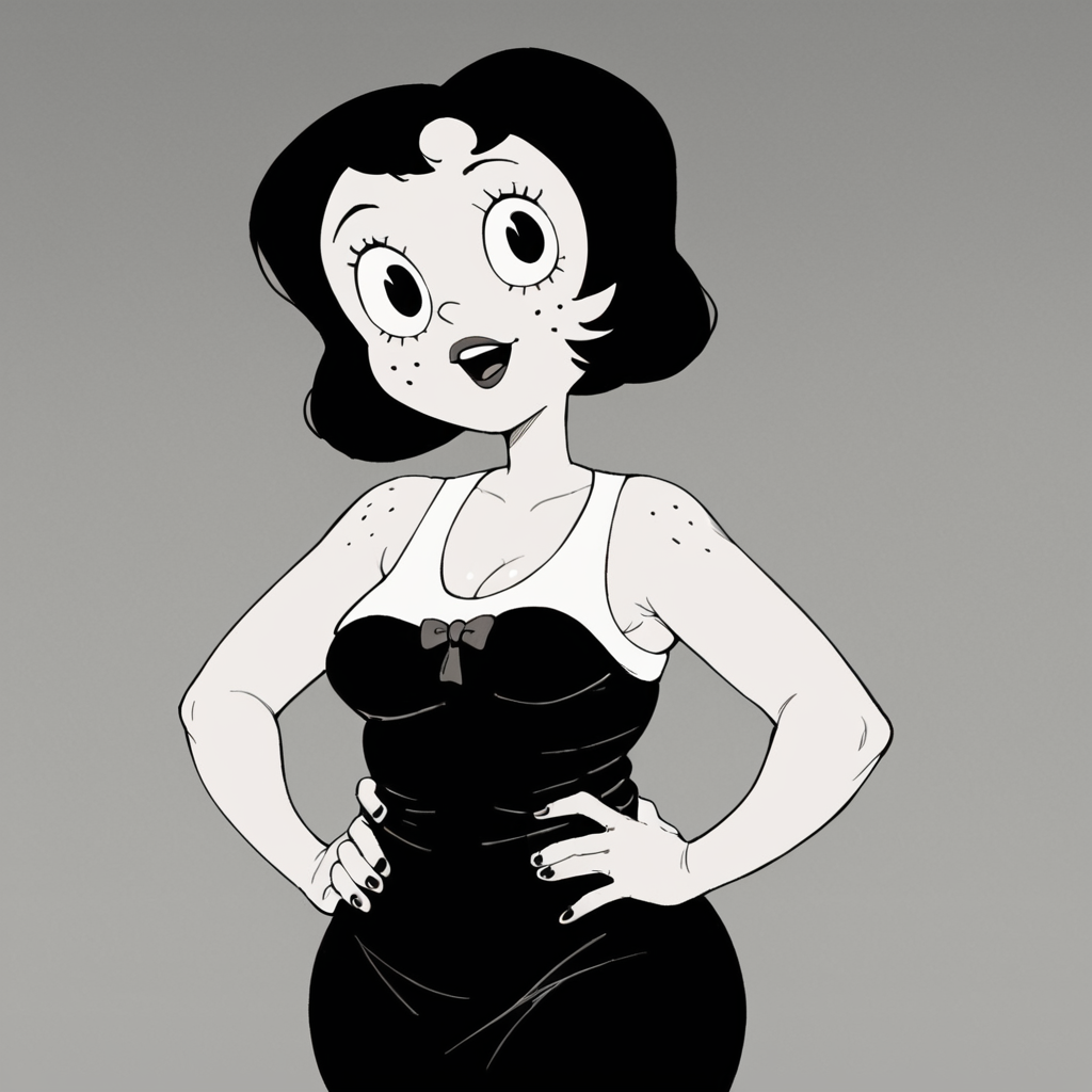 score_9, score_8_up, score_7_up, 1girl, Toot, black hair, short hair, black eyes, freckles, colored skin, white skin, black dress, medium breasts, plump, wide hips, hands on own hips, looking at viewer, highres, high quality, masterpiece, <lora:Toot_Braunstein:0.9>