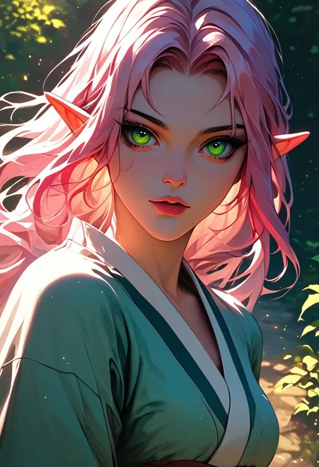 score_9, score_8_up, score_8, close up, 1girl, solo, sexy elf woman, perfect face, thick eyeliner, small breasts, long straight pink hair, green eyes, wearing sexy kimono, nsfw, cowboy shot, dynamic pose, dynamic angle, volumetric lighting, cinematic lighting, outdoors, zen garden