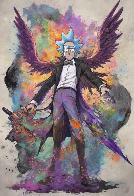 A highly detailed and vibrant action pose of an anime-inspired Rick Sanchez and Morty Smith of Rick and Morty, dressed in a tattered yet impressive suit and tie, with wings of black and white engraved with ancient runes and symbols, a halo, a horn, a weapon, and showcasing an energy or magical ability, with a color scheme of purple and orange.