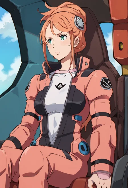 score_9,score_8_up,score_7_up,anime coloring BREAK source_anime,anime,<lora:Aida_Rayhunton:0.8>,aida,1girl,solo,green eyes,orange hair,hair ornament,hair up,pilot suit,open clothing,sitting,cockpit,looking away,