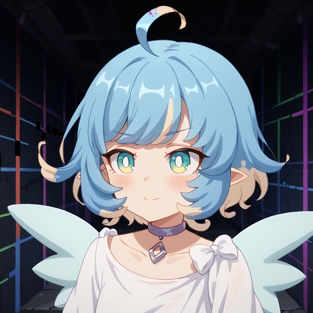 score_9, score_8_up, score_7_up, source_anime, anime screencap, masterpiece, insanely detailed, detailed background, zPDXL3, break, amy_(princess_connect), 1girl, wings, solo, ahoge, short hair, blue hair, multicolored hair, pointy ears,white dress,choker,((glitch)), dungeon,chromatic aberration