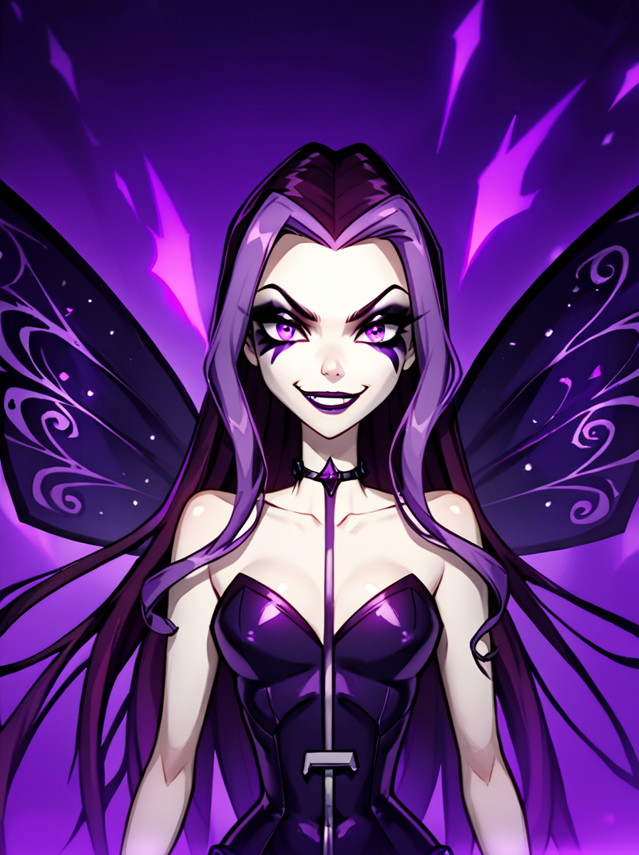 score_9, score_8_up, score_7_up,
 <lora:WinxAndTrixPony:0.8>,winxtrix,Darcy,
1 girl, solo, long wavy dark purple hair, violet eyes, wearing a dark purple and black fairy outfit, sinister fairy wings, slender build, mischievous smile, pale skin, dark magical aura, surrounded by shadows.