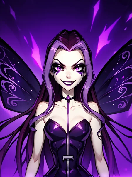 score_9, score_8_up, score_7_up,
<lora:WinxAndTrixPony:0.8>,winxtrix,Darcy,
1 girl, solo, long wavy dark purple hair, violet eyes, wearing a dark purple and black fairy outfit, sinister fairy wings, slender build, mischievous smile, pale skin, dark magical aura, surrounded by shadows.