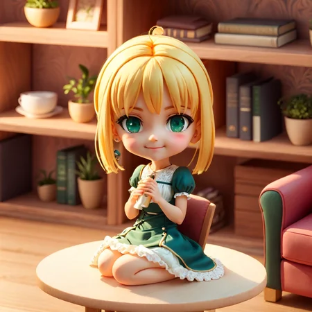 (masterpiece),(best quality),(ultra-detailed), (full body:1.2), 1girl, artoria, chibi,cute, smile, green eyes, frown dress, (sitting on red sofa), seductive posture, smile, A sleek black coffee table sits in front of the sofa and a few decorative items are placed on the shelves, (beautiful detailed face), (beautiful detailed eyes), 
 <lora:blindbox_V1Mix:1> <lora:ironcatlora1Artoria_v10:0.7>