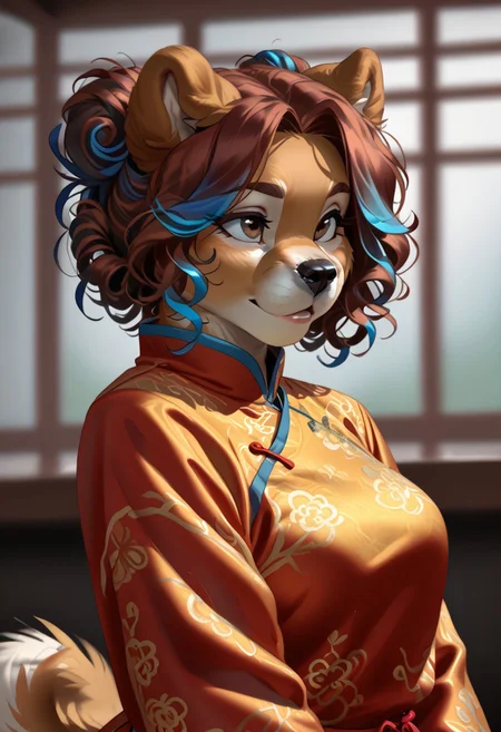 score_9, score_8_up, score_7_up, (by kittydee:1.5), (by jailbird:1.5), (by zummeng:1.5), masterpiece, best quality,
(Furry Art: Anthro: chow chow:1.5), 1girl, expressive eyes, feminine eyes, perfect face, feminine face, dog, canine, (fluffy fur:1), dog ears, curled dog tail, reddish-brown fur, brown eyes, (reddish brown hair with pastel blue highlights:1.5), curly hair, chinese hair buns, medium breasts, chinese clothing, depth of field, foreshortening,