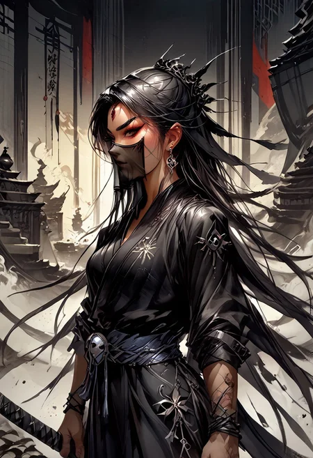 score_9, score_8_up, score_7_up, darkly designed, shadows, splash art, ink bamboo paper, breathtaking detailed, masterpiece, spectacular, resplendent, marvelously, breathtaking Asian woman very, long hair, mouth veil, assassin, black robes, weapons, katana, red spatterd background, silhouetted, light hitting face, <lora:Expressive_H-000001:0.8>, expressiveH <lora:MythP0rtr4itStyle:0.9> mythp0rt, <lora:Pony_DetailV1.0:0.9>