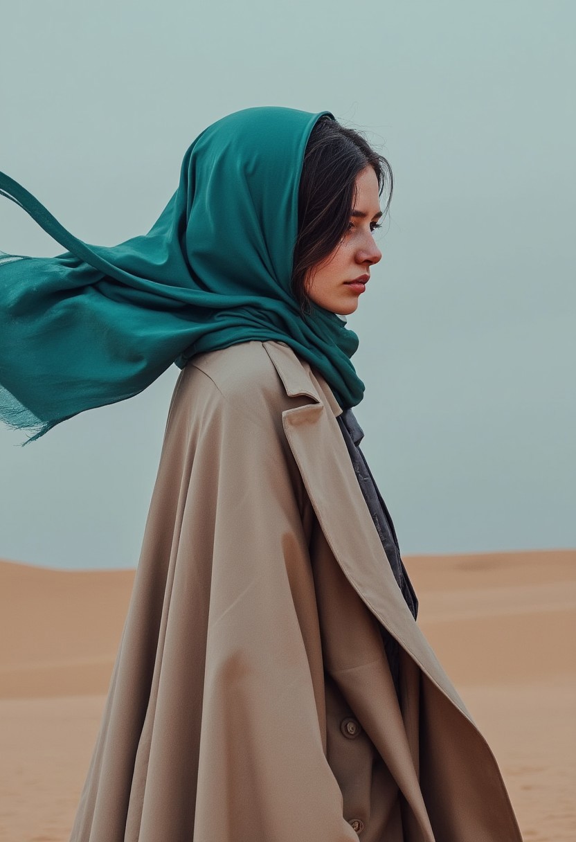 A side profile of a young woman wearing a muted beige cloak, standing in a twilight desert. The only pop of color is a vibrant teal scarf billowing in the wind. The rest of the scene is subdued, with soft beige sands and an overcast blue-gray sky. By Laura H. Rubin