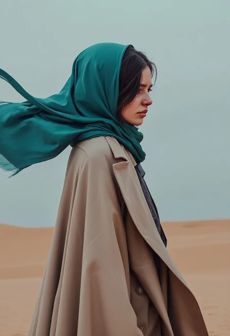 A side profile of a young woman wearing a muted beige cloak, standing in a twilight desert. The only pop of color is a vibrant teal scarf billowing in the wind. The rest of the scene is subdued, with soft beige sands and an overcast blue-gray sky. By Laura H. Rubin