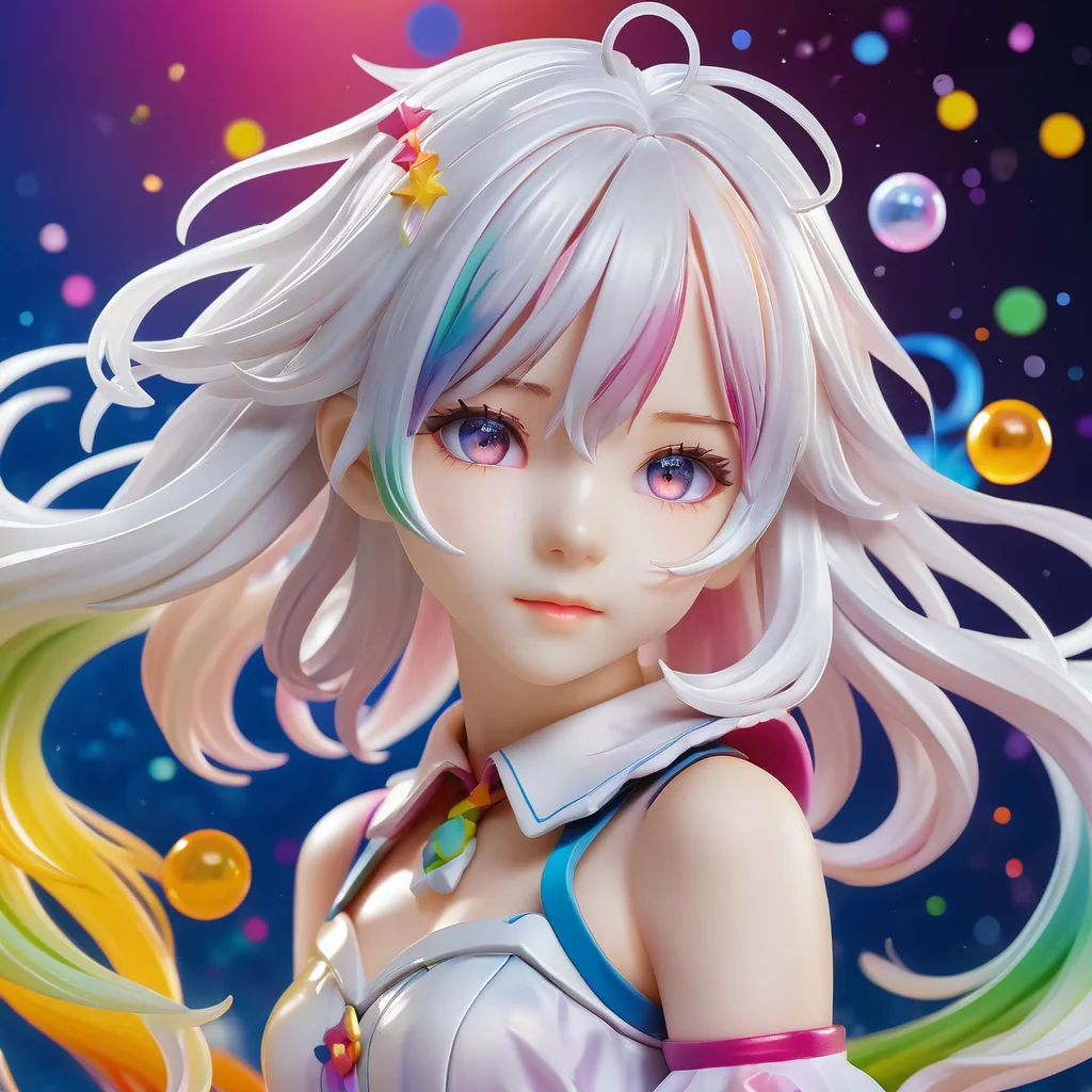 <lora:PVC:1>ï¼PVC figure,rendering, (((masterpiece))),(((best quality))),((ultra-detailed)),(dynamic angle), ((floating)),(paint),((disheveled hair)), (solo),(1girl), l(((detailed anima face))),((beautiful detailed face)),collar,bare shoulders, white hair, ((colorful hair)),((streaked hair)), beautiful detailed eyes,(Gradient color eyes),(((colorful eyes))),closed-up, (((colorful background))),(((high saturation))),(((surrounded by colorful splashes))),(((surrounded by colorful dot))),colorful bubble,((shining)) , ((young,little girl,cute,little girl face))