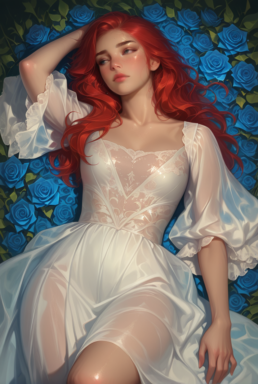 masterpiece, dim lighting, 3l3ganc3, 1girl, solo, freckles, long hair, leaf, red hair, lips, collarbone, closed mouth, realistic, grey eyes, white and blue silk flowing dress, lying, nose, thick eyebrows, looking away, on back, blue roses flowers, angelic, dynamic pose, from above, full body image, <lora:elegance-000012:1>