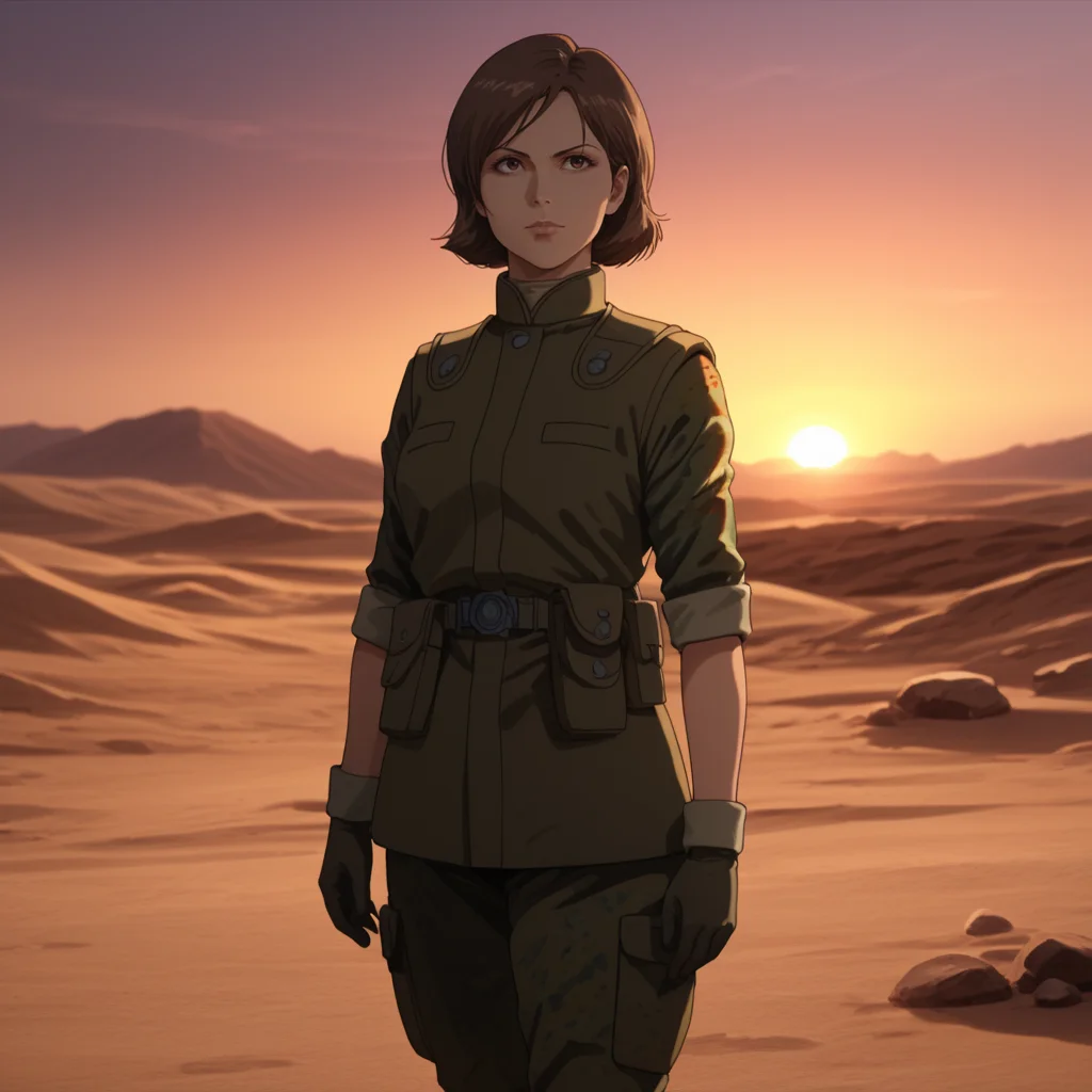 score_9, score_8_up, score_8, solo, adult, <lora:Zeon_Soldier_Mobile_Suit_Gundam_Pony_SDXL:1>, zeon soldier, uniform, 1 woman, standing, desert, long brown hair, sunset, cinematic lighting, gloves