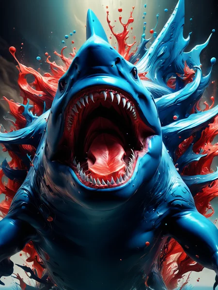 (gigantic shark,megalodon,made of marine blue and red paint:1.1),paint aura and particles,best quality, 8k uhd, soft lighting, 8k uhd, soft lighting, RAW photo, intricate details,official art, extremely detailed CG, unity 8k wallpaper, ultra detailed,elemental ,Trending on deviantart and artstation,epic,official art,awardwinning,epic,light art, paintmgc,<lora:paintmgc:1.2>,cinematic,glowing eyes