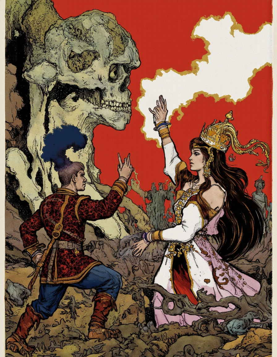 <lora:kochergin:1>, man dressed and woman princess  fighting with undead