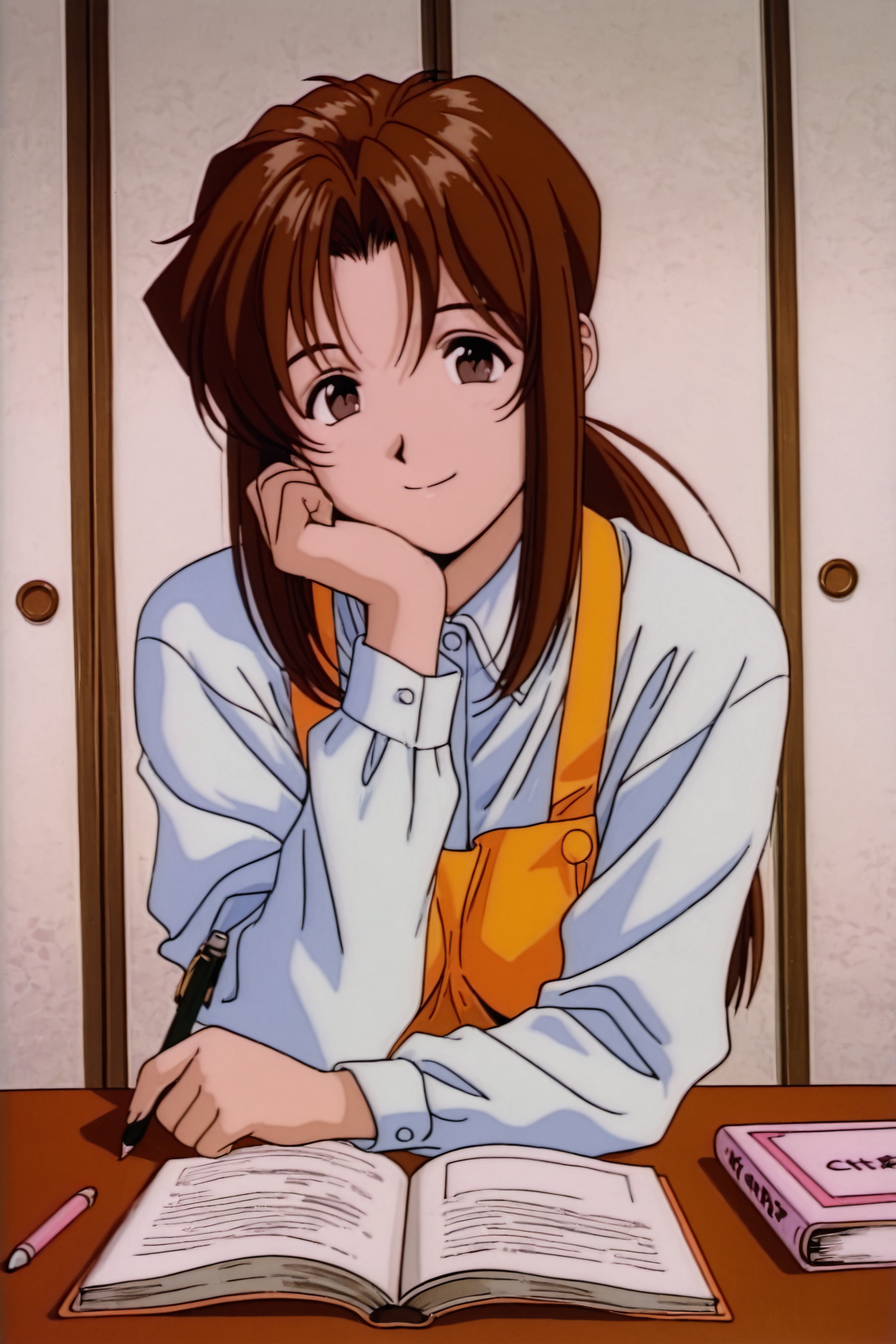 Chie,1girl,brown hair,apron,brown eyes,long sleeves,shirt,solo,long hair,1990s \(style\),head rest,table,ponytail,smile,looking at viewer,book,pen,
<lora:Golden Boy_illustriousXL:1>,