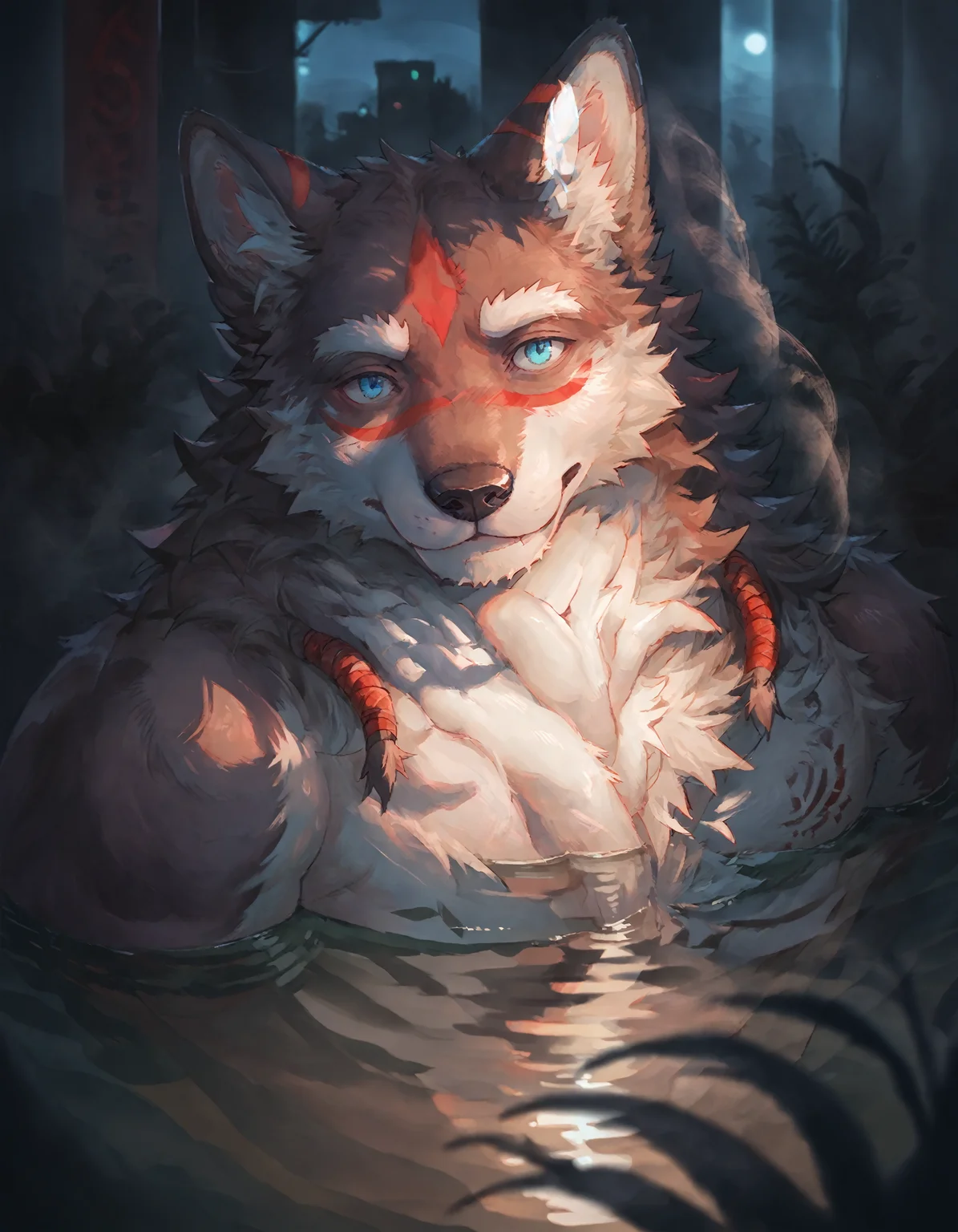 score_9, score_8_up, score_7_up, rating_safe, source_furry, detailed, detailed background, 2D, solo, soft light, 43stl1ght1ng, BREAK Eyv1ndXL, bara, anthro, body fur, male, blue eyes, red markings, face markings, fur, tail, furry, low light, darkness, dramatic lighting, darkness, eye lighting, smoke, water, neon, spotlight, reflection, embedding:zPDXL3, <lora:Eyvind_-_Tavern_of_Spear_-_PonyXL.safetensors:1.0>, <lora:43stl1ght1ngXLP2.safetensors:1.0>,