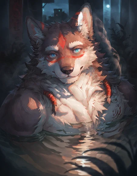 score_9, score_8_up, score_7_up, rating_safe, source_furry, detailed, detailed background, 2D, solo, soft light, 43stl1ght1ng, BREAK Eyv1ndXL, bara, anthro, body fur, male, blue eyes, red markings, face markings, fur, tail, furry, low light, darkness, dramatic lighting, darkness, eye lighting, smoke, water, neon, spotlight, reflection, embedding:zPDXL3, <lora:Eyvind_-_Tavern_of_Spear_-_PonyXL.safetensors:1.0>, <lora:43stl1ght1ngXLP2.safetensors:1.0>,
