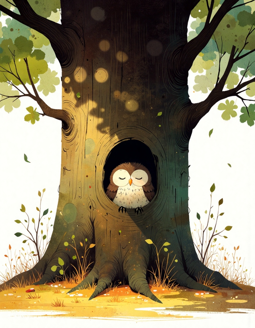 ppstorybook,A hand-drawn illustration of a cozy little hollow inside a large oak tree. A baby owl with fluffy feathers pokes its head out of the hole, observing the gentle breeze that moves the leaves. The scene is filled with warm earth tones and soft rays of sunlight filtering through the branches above.