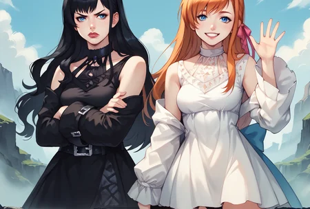 zPDXL ,score_9, score_8_up, score_7_up, source_anime , 2girls, cowboy shot, standing,
<lora:Gaia_FFXIV:.8>  gaia \(ff14\),  black hair, blue eyes, black dress, lips,  boots, choker, belt, black thighhighs, bare shoulders, off shoulder, detached sleeves , glaring, crossed arms, looking away,
<lora:ryne-pdxl-nvwls-v1:1> ryne, orange hair, blue eyes ,hair ribbon, white dress, thigh strap, thigh boots, smile, waving, looking at viewer,