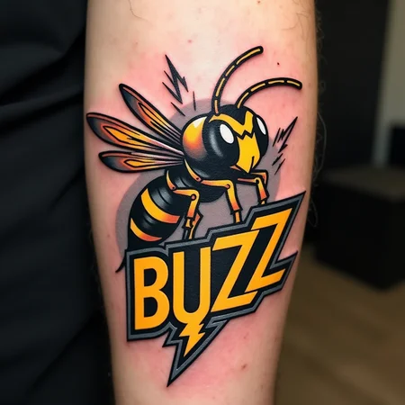 a tattoo of an anthropomorphic wasp with a yellow lightning bolt with the text "BUZZ" in a bold outlined and colourful font, in a classic tattoo design