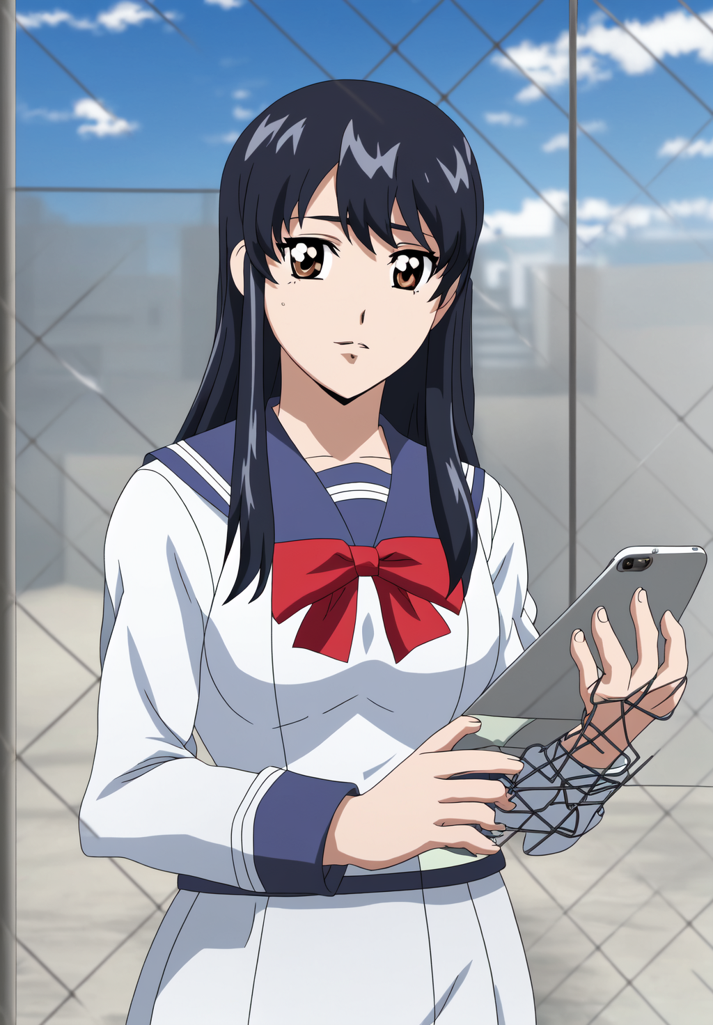 <lora:Yuri_Honjo:0.8>, Yuri_Honjo, 1girl, solo, holding, upper body, outdoors, sky, day, cloud, sailor collar, red bow, blue sky, phone, cellphone, fence, chain-link fence, anime coloring