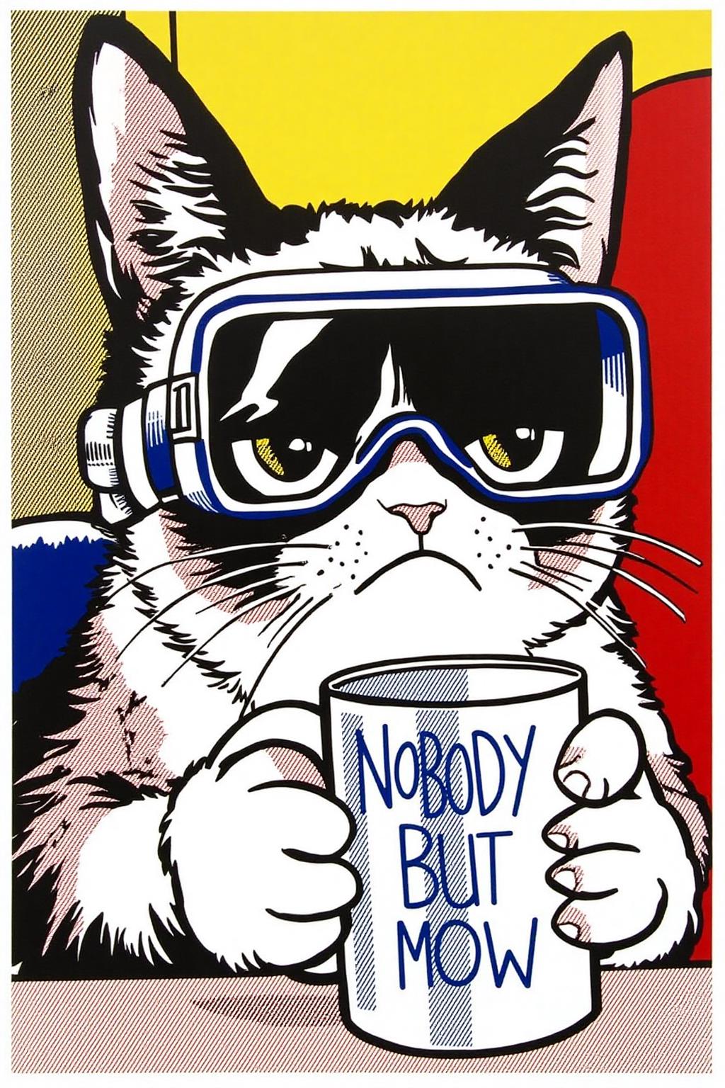 lichtenstein1 illustration.
Grumpy Cat holding a coffee mug, wearing a VR Headset. The mug has the phrase "NobodyButMeow" printed <lora:lichtenstein1_cap_d6a3e8:1.0><lora:836066876812592851:0>