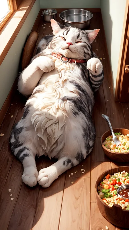 (pixar:1.2),
A highly detailed 3D render of a cat lying on its back, belly exposed and paws in the air, showing the effects of overeating. The cat's fur is fluffy and well-groomed, and its eyes are closed in a contented sleep. The background features a cozy kitchen with intricate details: a wooden floor, a cat food bowl tipped over, and some scattered food pieces. The room is illuminated by warm, natural light from a nearby window, casting gentle shadows. The composition emphasizes a humorous and endearing atmosphere, with detailed textures, sophisticated lighting, and expressive character features. Accurate and realistic cat anatomy. No humans or anthropomorphic features.
<lora:baclight_slider_v10:-1> <lora:add_sharpness:2>