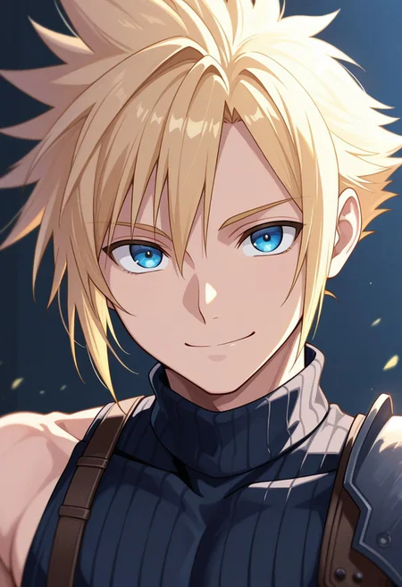 masterpiece,best quality,amazing quality, source_anime,
SoutouKumo, 1boy, male focus, solo, blue eyes, blonde hair, spiked hair, shoulder armor, single bare shoulder, sleeveless turtleneck, toned male, smile, looking at viewer, portrait,
