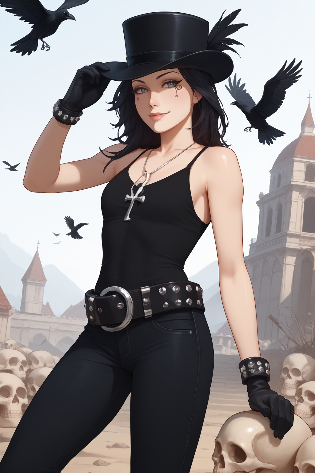 score_9, score_8_up, score_7_up, masterpiece, high quality, BREAK
 <lora:SifMarvelPonyLoRA:1>dethofend, pale skin, colored skin, long hair, tattoo under eye, ankh necklace, black tank top, belt, pants, gloves, bracelet, hat, skull, crow