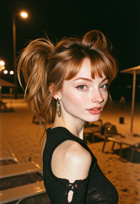35mm film closeup profile photo featuring slender latvian 1girl, 21yo, with mysterious green wide-set eyes and thin lips with an aloof attitude. She has messy ginger high twintails hair with bangs and goth makeup featuring shades of red and eccentric mascara with lipstick, wearing shabby chic cotton cold shoulder top , together with ear cuff earrings. Set on a sandy beach with deck chairs and sunshades, on a dark snowy autumn midnight, with a cheerful expression. With artificial split lighting, cinematic, eyecandy <lora:flux_skinny_slider> <lora:flux_willowwisdom>
