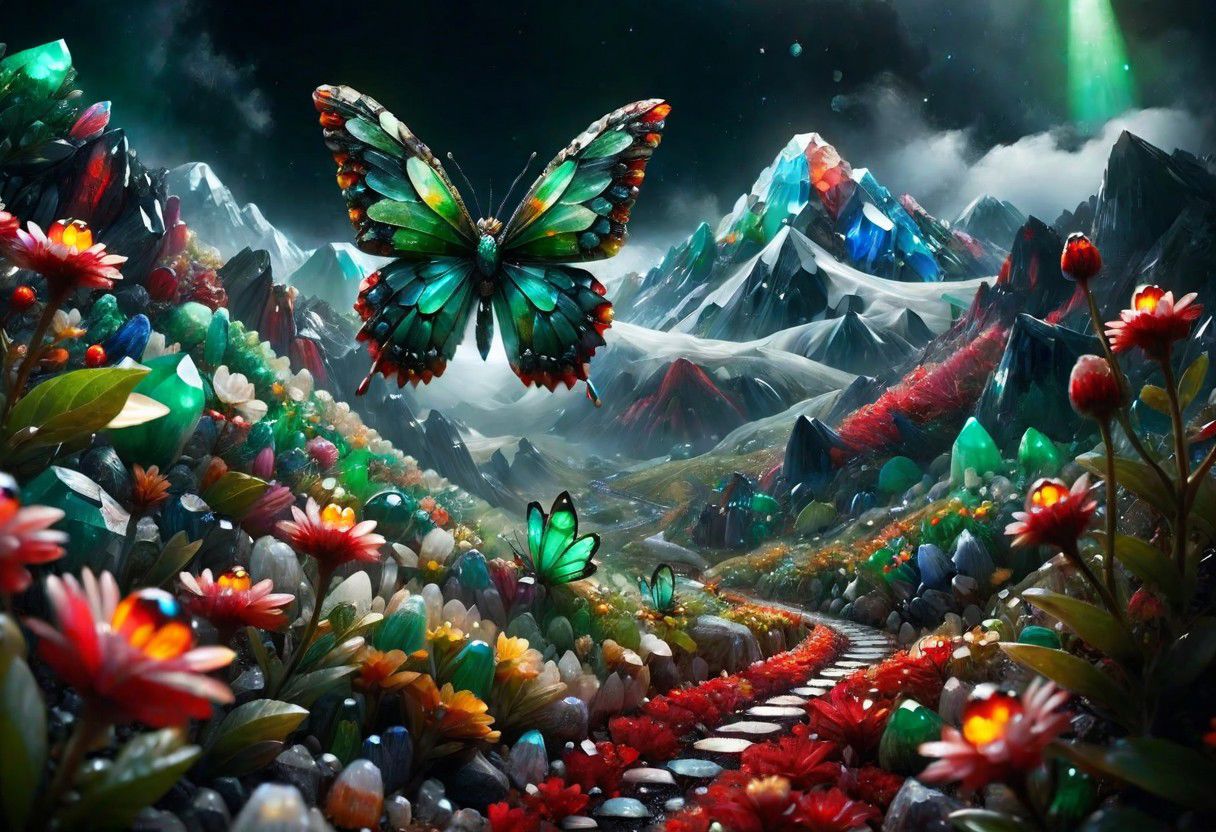 amazing quality, masterpiece, best quality, hyper detailed, ultra detailed, UHD, depth of field, mountains snowy peaks, (green butterfly), parking on (red floret), night, magic  mountains, fog, firefly, transparent and polishing ral-ntrgmstn, on side, darkness, glowing, (dazzling light:1.2), water droplets after rain,
<lora:ral-ntrgmstn:1.2>, 
<lora:add-detail-xl:0.8>,
<lora:quality1:0.8>,