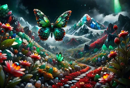 amazing quality, masterpiece, best quality, hyper detailed, ultra detailed, UHD, depth of field, mountains snowy peaks, (green butterfly), parking on (red floret), night, magic  mountains, fog, firefly, transparent and polishing ral-ntrgmstn, on side, darkness, glowing, (dazzling light:1.2), water droplets after rain,
<lora:ral-ntrgmstn:1.2>, 
<lora:add-detail-xl:0.8>,
<lora:quality1:0.8>,